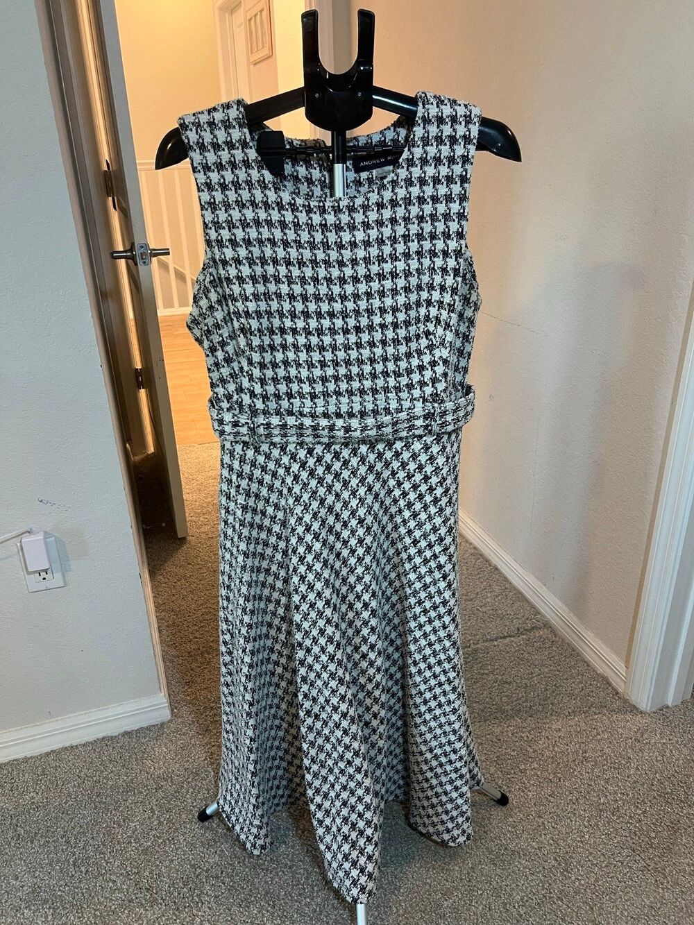 Andrew Marc Women’s Black & White Houndstooth Midi Front Tie Dress Size 16